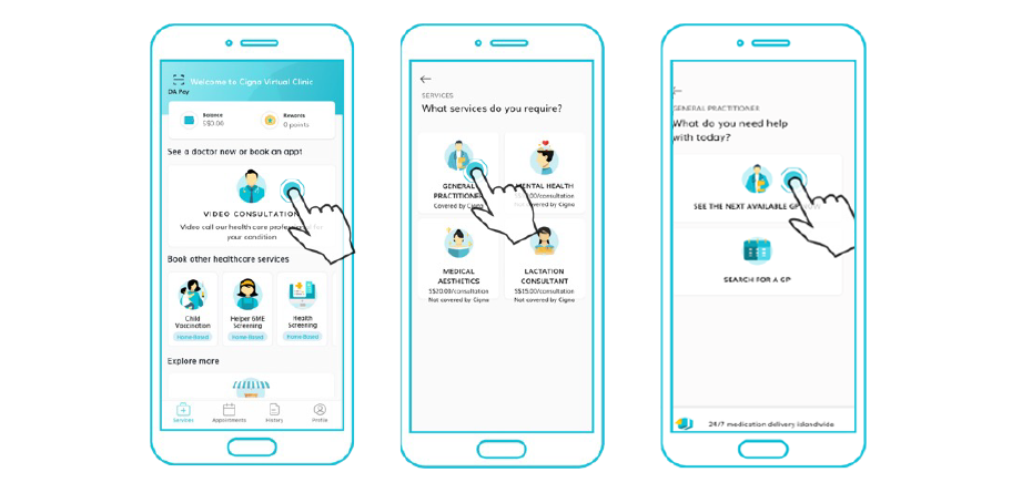 Cigna Virtual Clinic - Select Video Consultation, Select General Practitioner, See the next available GP